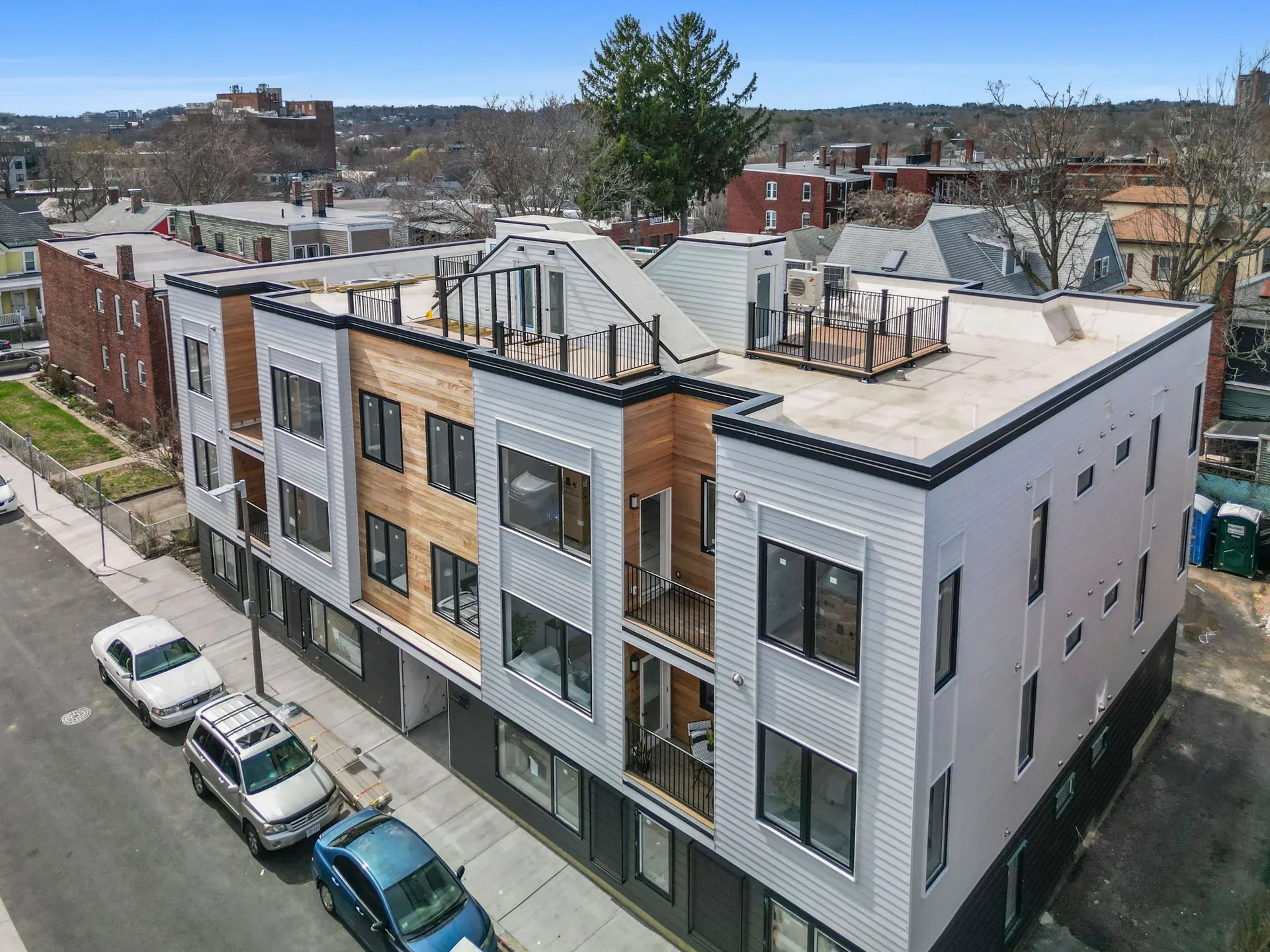 Aerial view of The Parkline exterior and private roof decks